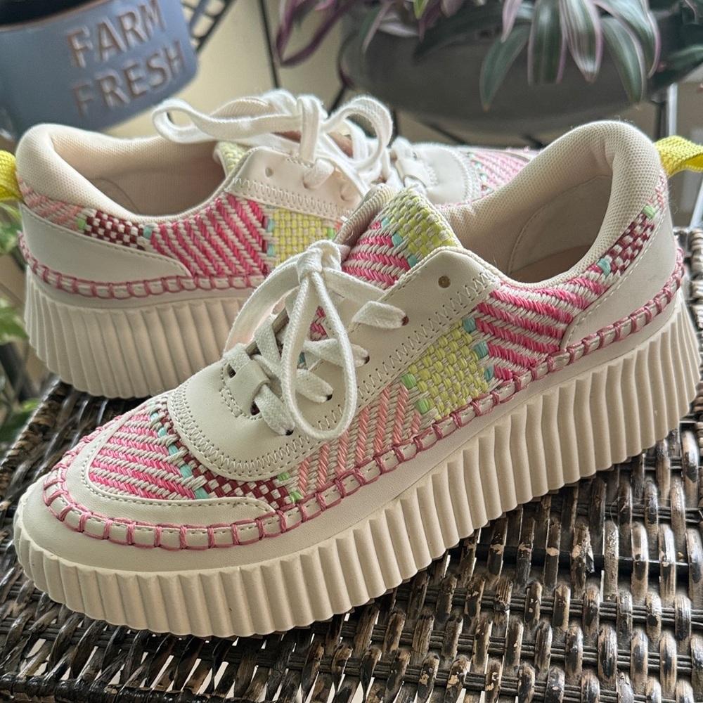 Dolce Vita Cream Sneakers with Pink and Yellow Woven Accents